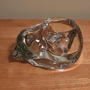 INDIANA GLASS CO. Vintage Clear Glass Sleeping Cat Candle Holder/Paperweight